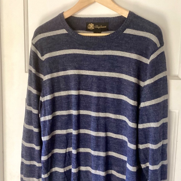 Oleg Cassini Men Sweater M Blue Gray Striped Cashmere Blend Lightweight Pullover - Picture 4 of 14
